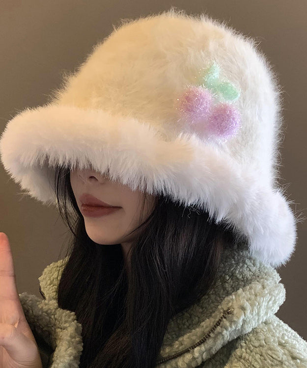 Autumn Spring Japanese Style Warm White Fuzzy Fur Fluffy Bucket Hat