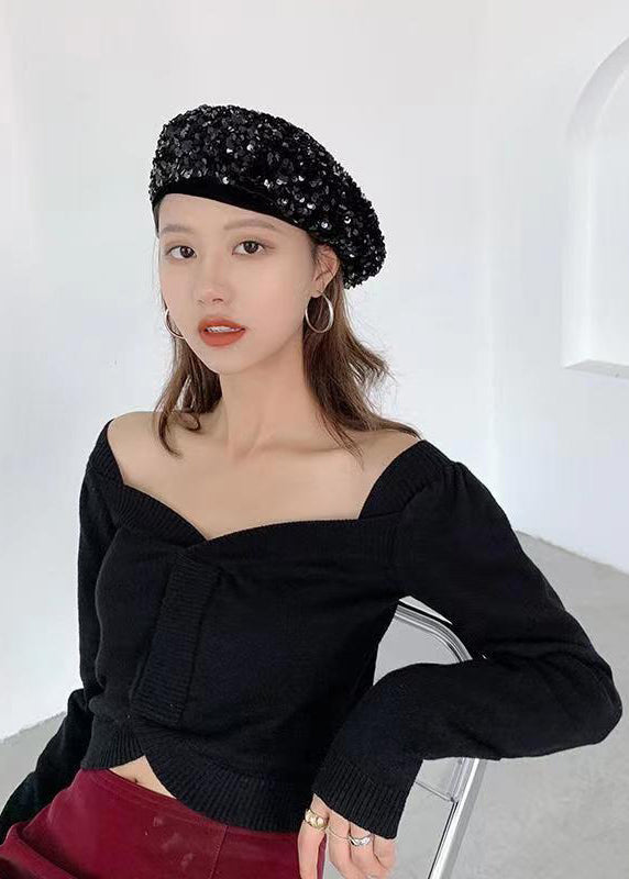 Autumn Winter New Women Black Sequins Beret Hat