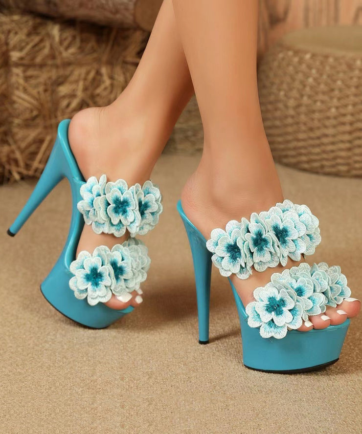Baby Blue Floral Patchwork Stiletto Heels Classy Slide Sandals