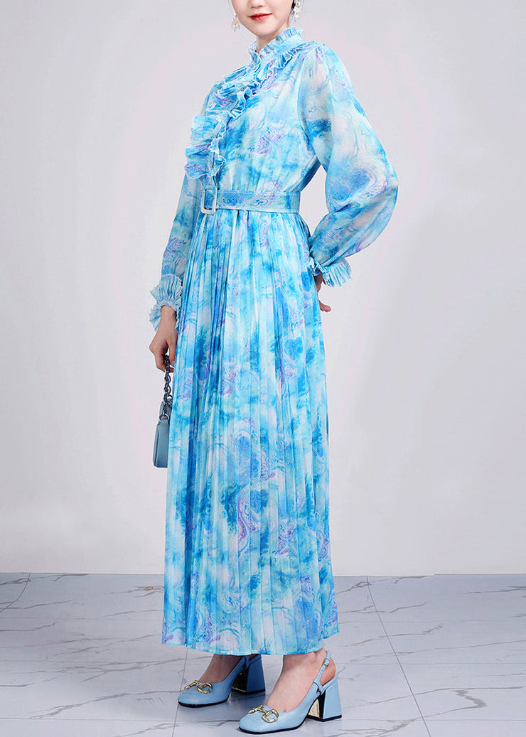 Baby Blue Ruffled Patchwork Chiffon Maxi Dresses Fall