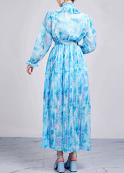 Baby Blue Ruffled Patchwork Chiffon Maxi Dresses Fall