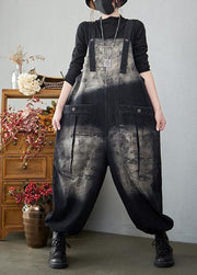 Baggy Black Pockets Patchwork Letter Print Denim Jumpsuits Spring