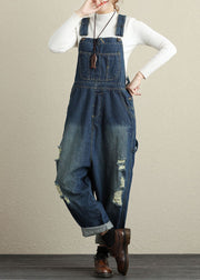 Baggy Navy Pockets Patchwork Denim Jumpsuits Spring