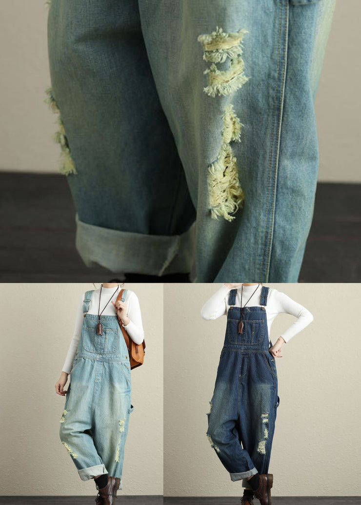 Baggy Navy Pockets Patchwork Denim Jumpsuits Spring