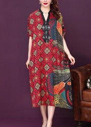 Baggy Red V Neck Print Silk Dresses Summer