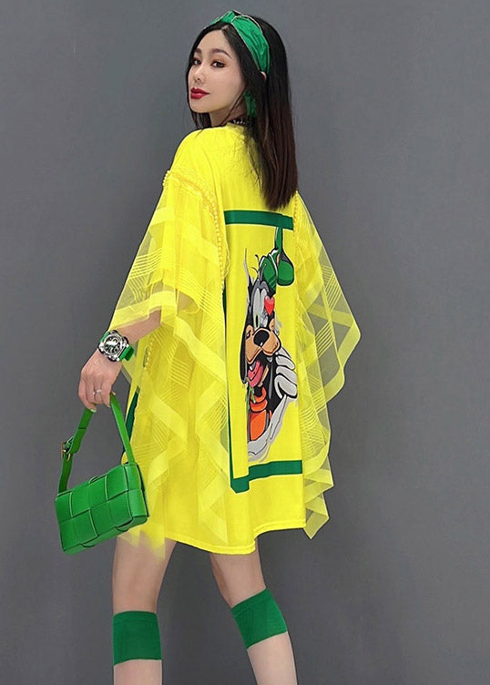 Batwing Yellow O-Neck Print Tulle Top Batwing Sleeve