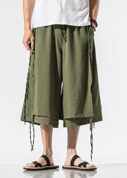 Beach Army Green Pockets Tie Waist Mens Wide Leg Pants
