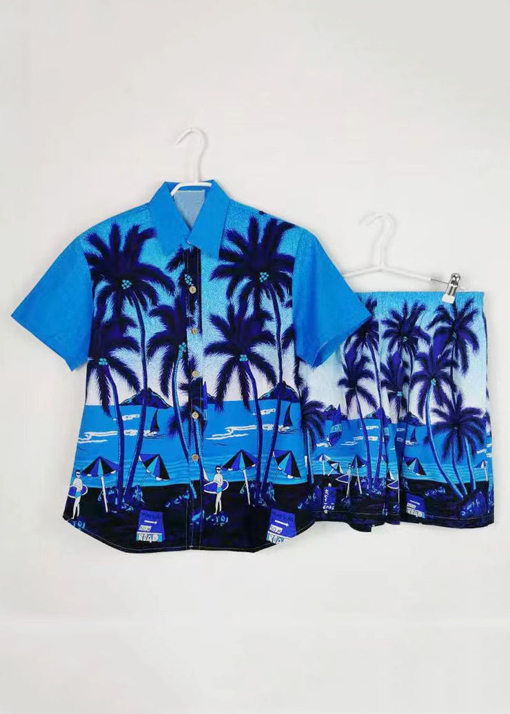 Beach Blue Button Print Shirt And Shorts Cotton Mens Two Piece Set Short Sleeve