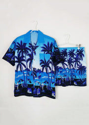 Beach Blue Button Print Shirt And Shorts Cotton Mens Two Piece Set Short Sleeve