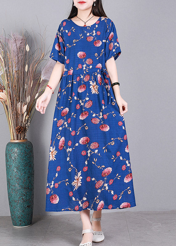 Beach Blue O-Neck Print Drawstring Tie Waist Linen Vacation Dresses Short Sleeve