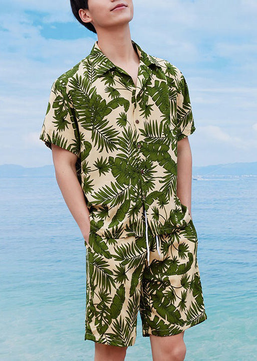 Beach Blue Peter Pan Collar Print Cotton Mens Two Piece Set Summer