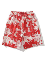 Beach Red Print Lace Up Cotton Mens Shorts Summer
