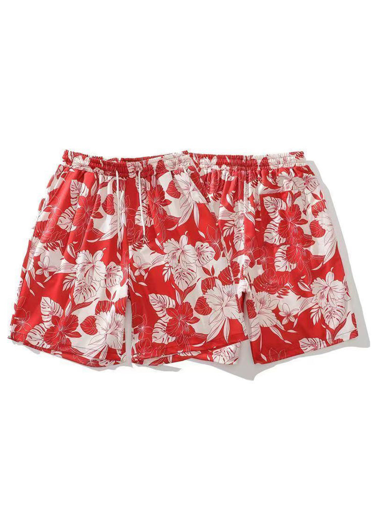 Beach Red Print Lace Up Cotton Mens Shorts Summer
