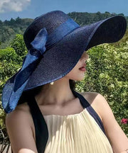 Beach Vacation Style Blue Straw Woven Big UPF 50+ Sun Hat