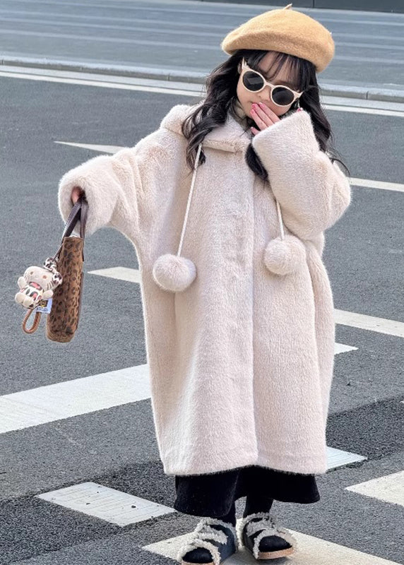 Beautiful Apricot Fuzzy Ball Decorated Girls Mink Velvet Hoodies Long Coats Winter