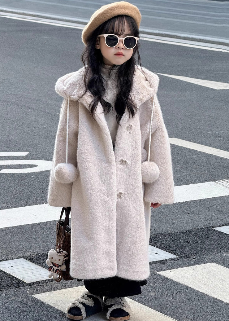 Beautiful Apricot Fuzzy Ball Decorated Girls Mink Velvet Hoodies Long Coats Winter