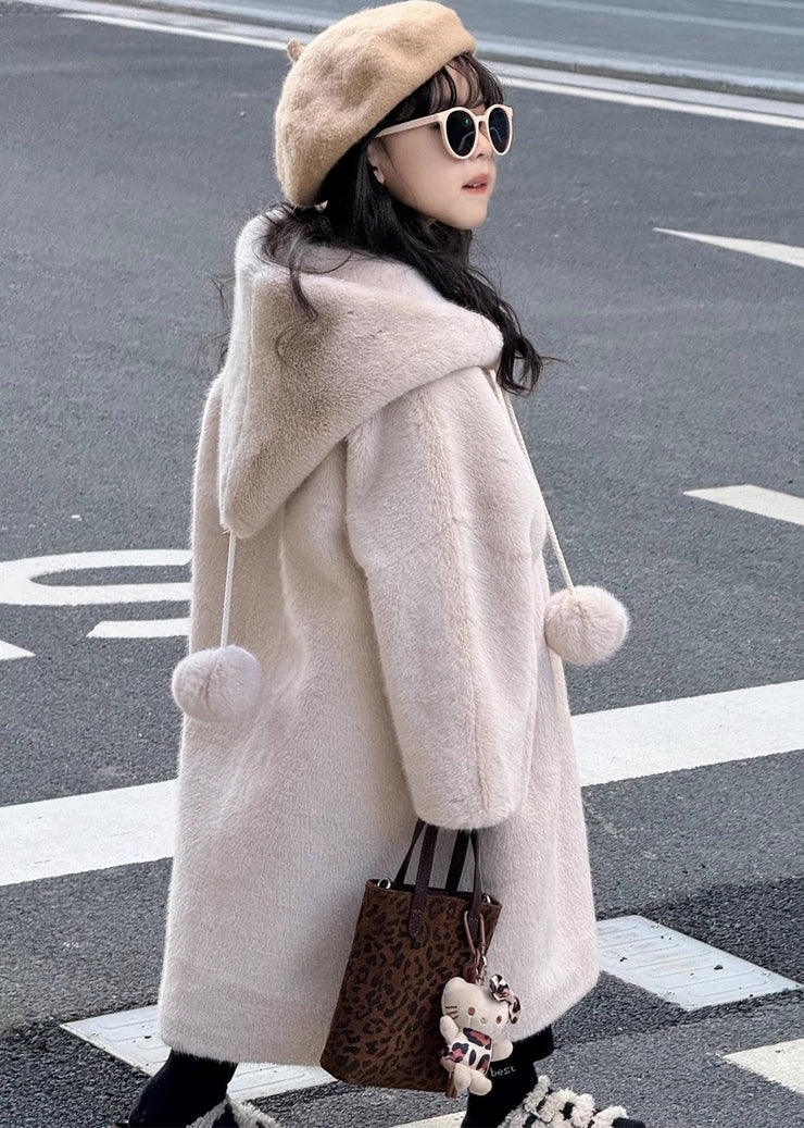 Beautiful Apricot Fuzzy Ball Decorated Girls Mink Velvet Hoodies Long Coats Winter