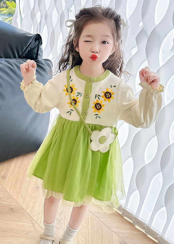 Beautiful Apricot O-Neck Tulle Patchwork Kids Mid Dress Fall
