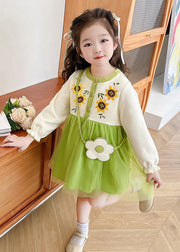 Beautiful Apricot O-Neck Tulle Patchwork Kids Mid Dress Fall