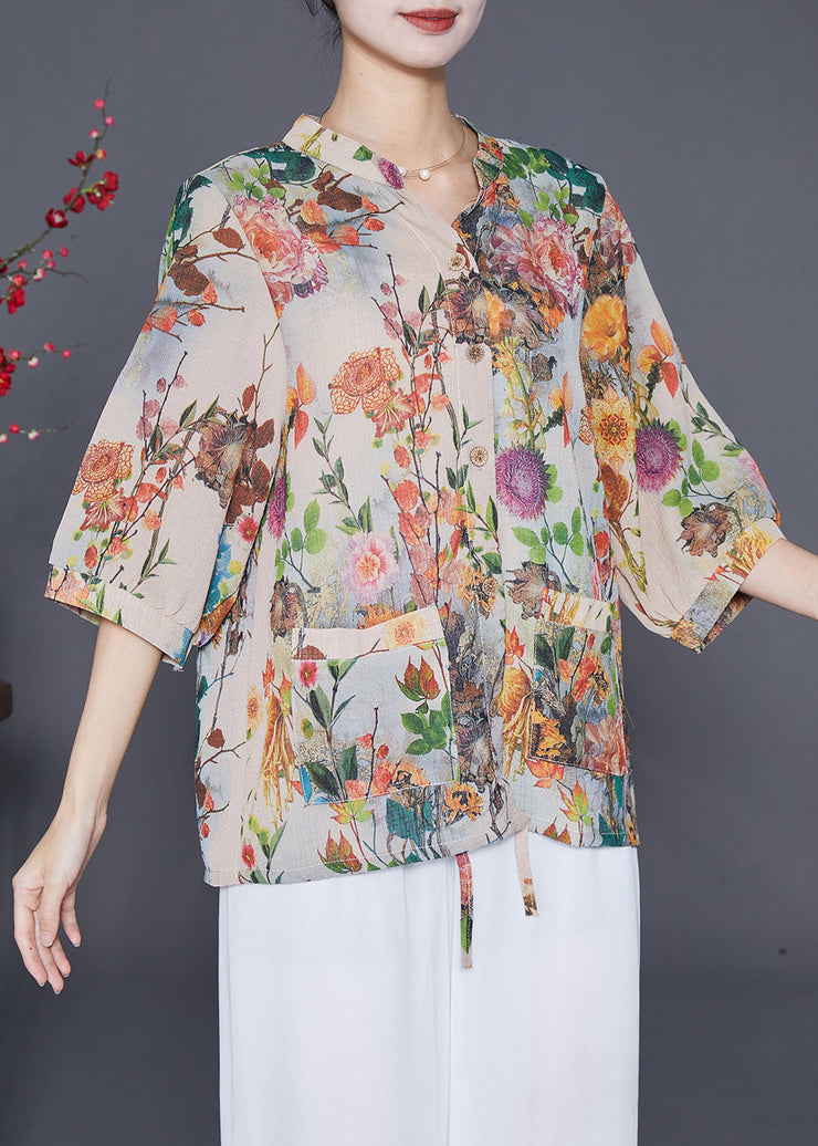 Beautiful Apricot Oversized Print Chiffon Shirt Top Half Sleeve