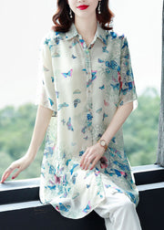 Beautiful Apricot Peter Pan Collar Butterfly Print Chiffon Shirts Top Summer