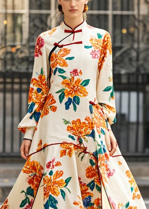 Beautiful Apricot Print Asymmetrical Side Open Chinese Style Dress Spring