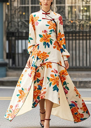 Beautiful Apricot Print Asymmetrical Side Open Chinese Style Dress Spring