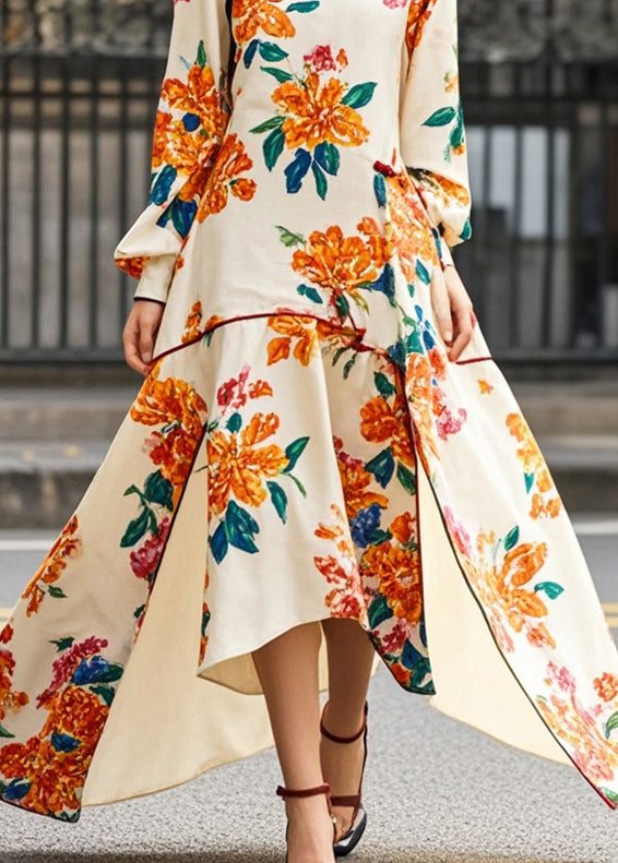 Beautiful Apricot Print Asymmetrical Side Open Chinese Style Dress Fall