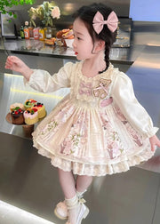 Beautiful Apricot Print Ruffled Girls Vacation Mid Dresses Spring