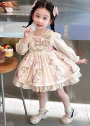 Beautiful Apricot Print Ruffled Girls Vacation Mid Dresses Spring