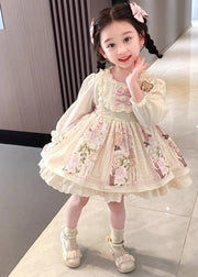 Beautiful Apricot Print Ruffled Girls Vacation Mid Dresses Spring