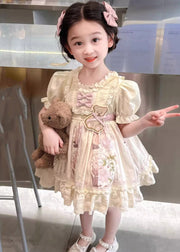 Beautiful Apricot Print Ruffled Girls Vacation Mid Dresses Spring