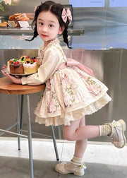 Beautiful Apricot Print Ruffled Girls Vacation Mid Dresses Spring