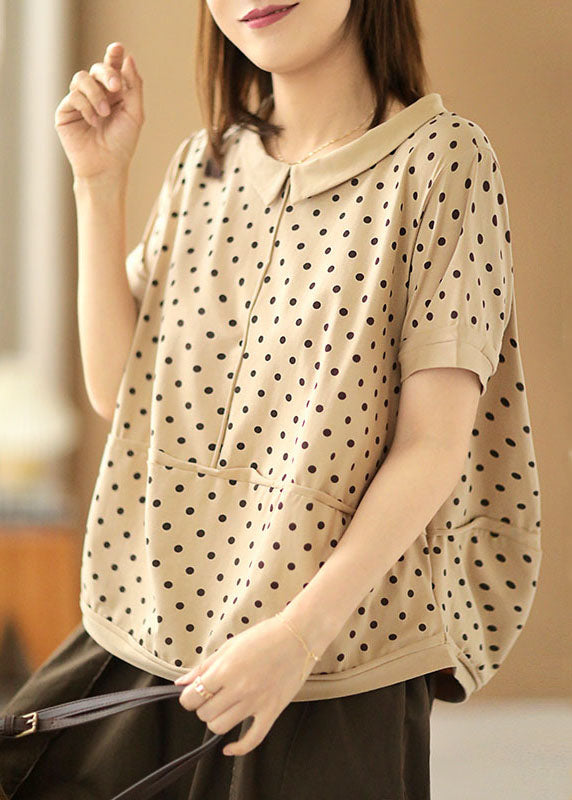 Beautiful Apricot Turn-down Collar Patchwork Dot Print Cotton Shirts Short Sleeve