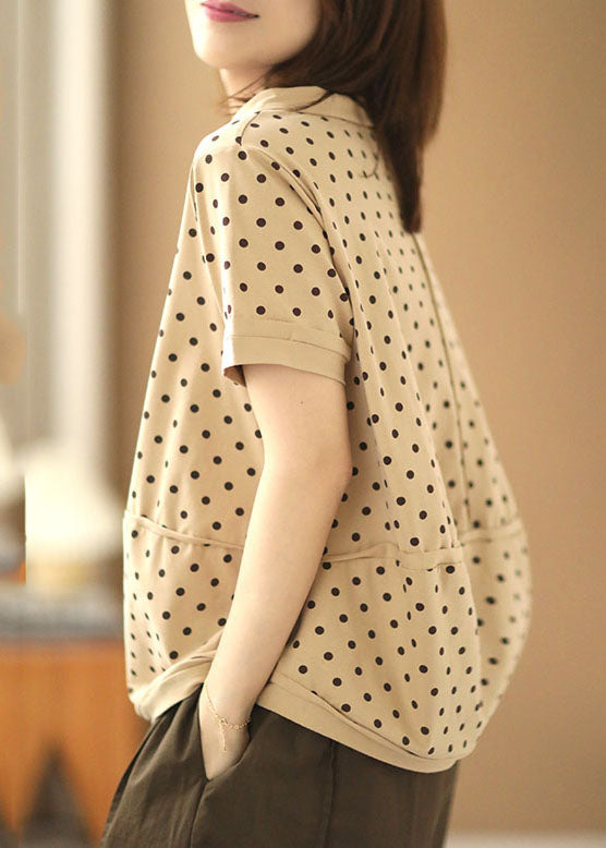 Beautiful Apricot Turn-down Collar Patchwork Dot Print Cotton Shirts Short Sleeve