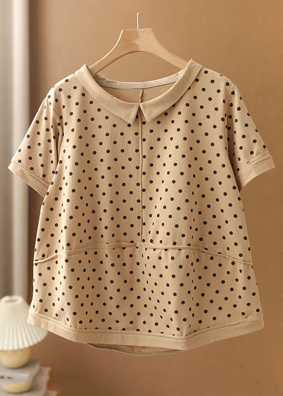 Beautiful Apricot Turn-down Collar Patchwork Dot Print Cotton Shirts Short Sleeve