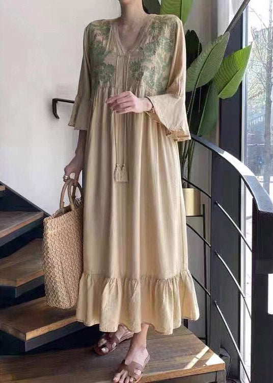 Beautiful Apricot V Neck Embroideried Ruffled Tassel Tie Waist Long Dresses Flare Sleeve