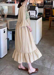 Beautiful Apricot V Neck Embroideried Ruffled Tassel Tie Waist Long Dresses Flare Sleeve