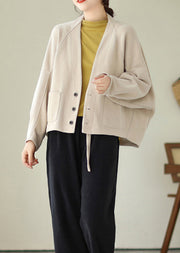 Beautiful Apricot V Neck Pockets Patchwork Warm Fleece Coat Fall