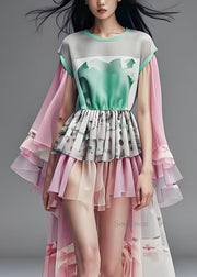 Beautiful Asymmetrical Organza Patchwork Low High Design Chiffon Dresses Summer