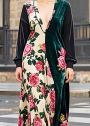 Beautiful Asymmetrical Patchwork Floral Silk Velvet Maxi Dresses Spring