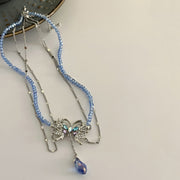 Beautiful Baby Blue Copper Zircon Crystal Butterfly Water Drop Tassel Pendant Necklace