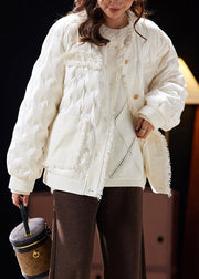 Beautiful Beige Button Pockets Patchwork Duck Down Coat Long Sleeve