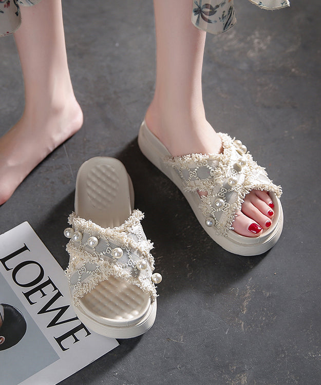 Beautiful Beige Canvas Nail Bead Splicing Platform Slide Sandals