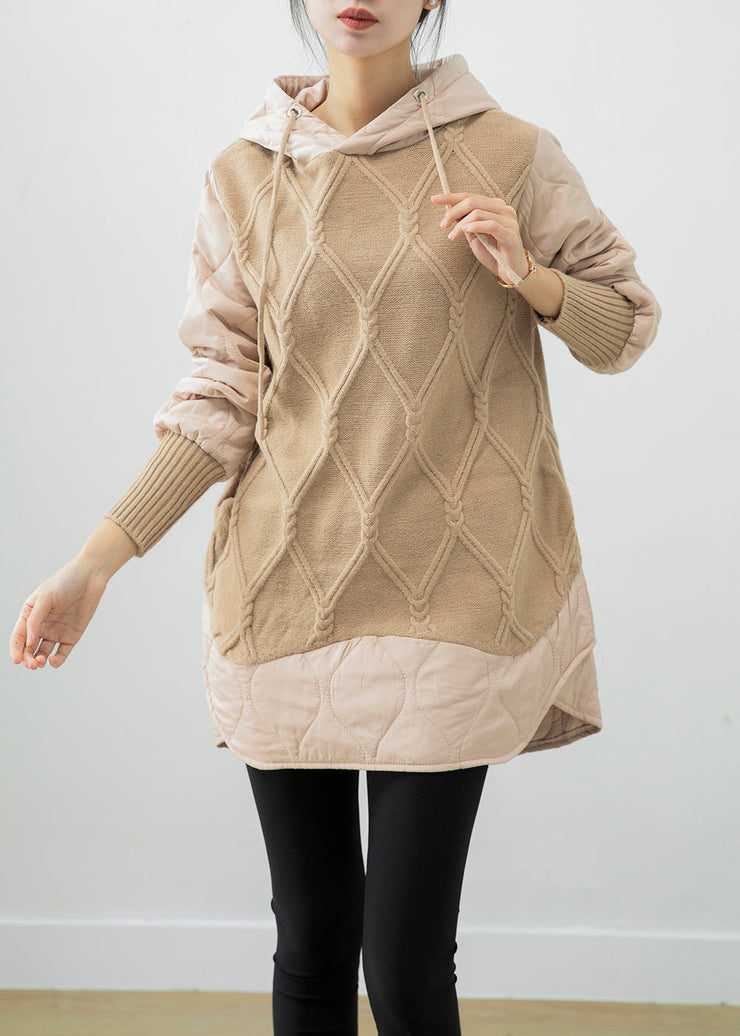 Beautiful Beige Hooded Patchwork Fine Cotton Filled Sweatshirt Dress Winter