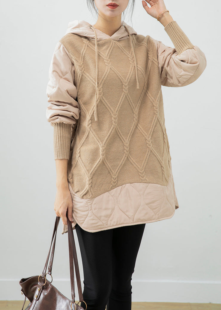 Beautiful Beige Hooded Patchwork Fine Cotton Filled Sweatshirt Dress Winter