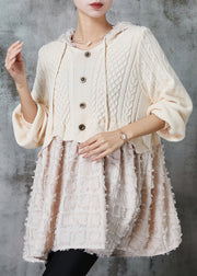 Beautiful Beige Hooded Patchwork Knit Dress Spring