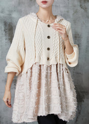 Beautiful Beige Hooded Patchwork Knit Dress Spring
