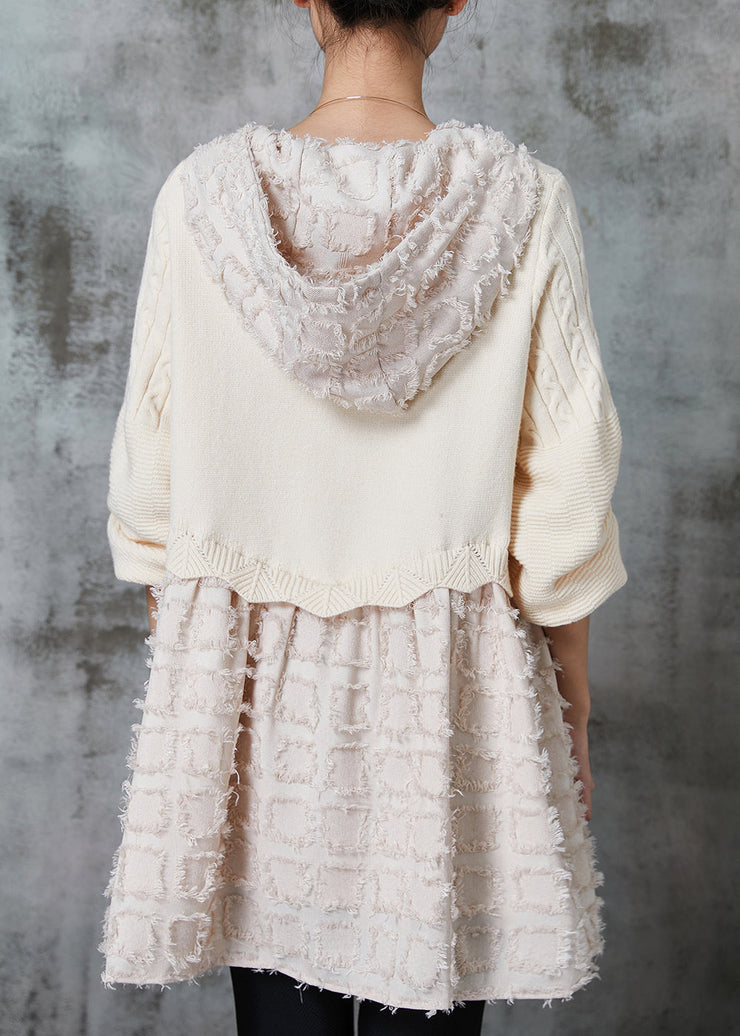 Beautiful Beige Hooded Patchwork Knit Dress Spring