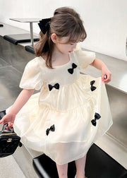 Beautiful Beige O Neck Bow Patchwork Tulle Kids Girls Dress Summer